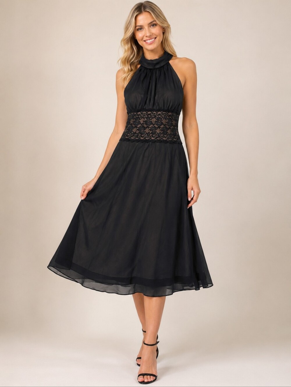 connected apparel Black Halter Lace-Waist Midi Dress